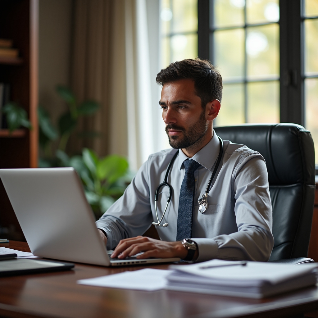 Arzt studiert betriebswirtschaftliche Auswertung am Schreibtisch