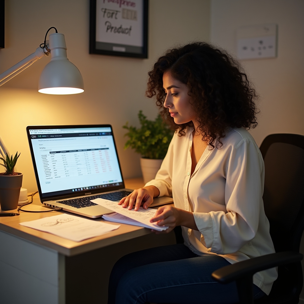 Therapeutin bei der Praxisverwaltung mit Dokumenten und Laptop